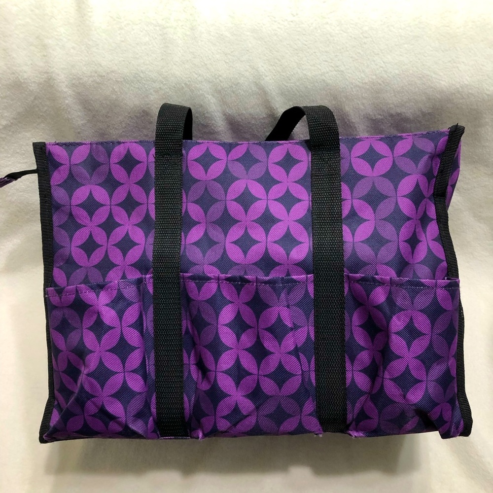 Black and purple tote with pockets